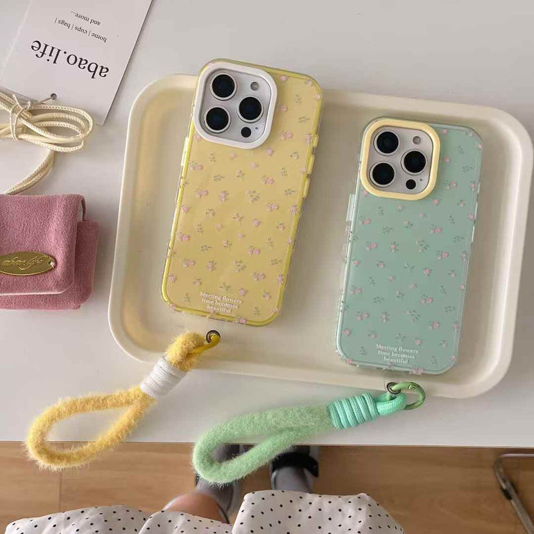Floral Pattern Silicon Case For iPhone With Plush Rope Holder