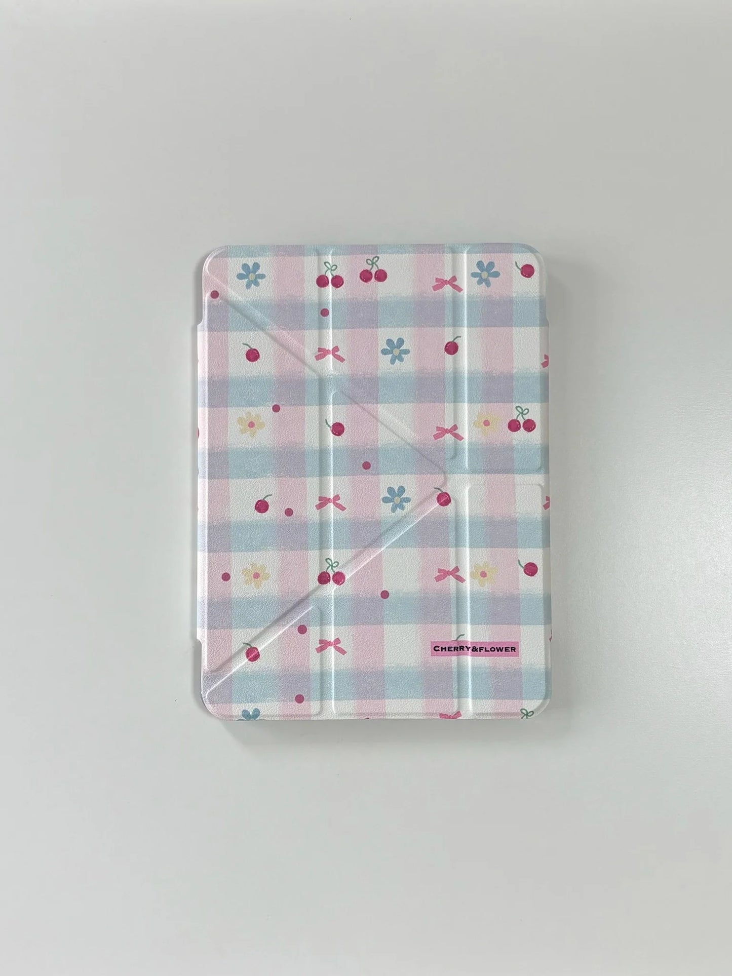 Cherry Blossom Gingham iPad Case – Magnetic Stand Case with Cute Pink Bow & Floral Check Design Foldable Case for iPad
