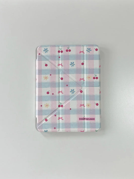 Cherry Blossom Gingham iPad Case – Magnetic Stand Case with Cute Pink Bow & Floral Check Design Foldable Case for iPad
