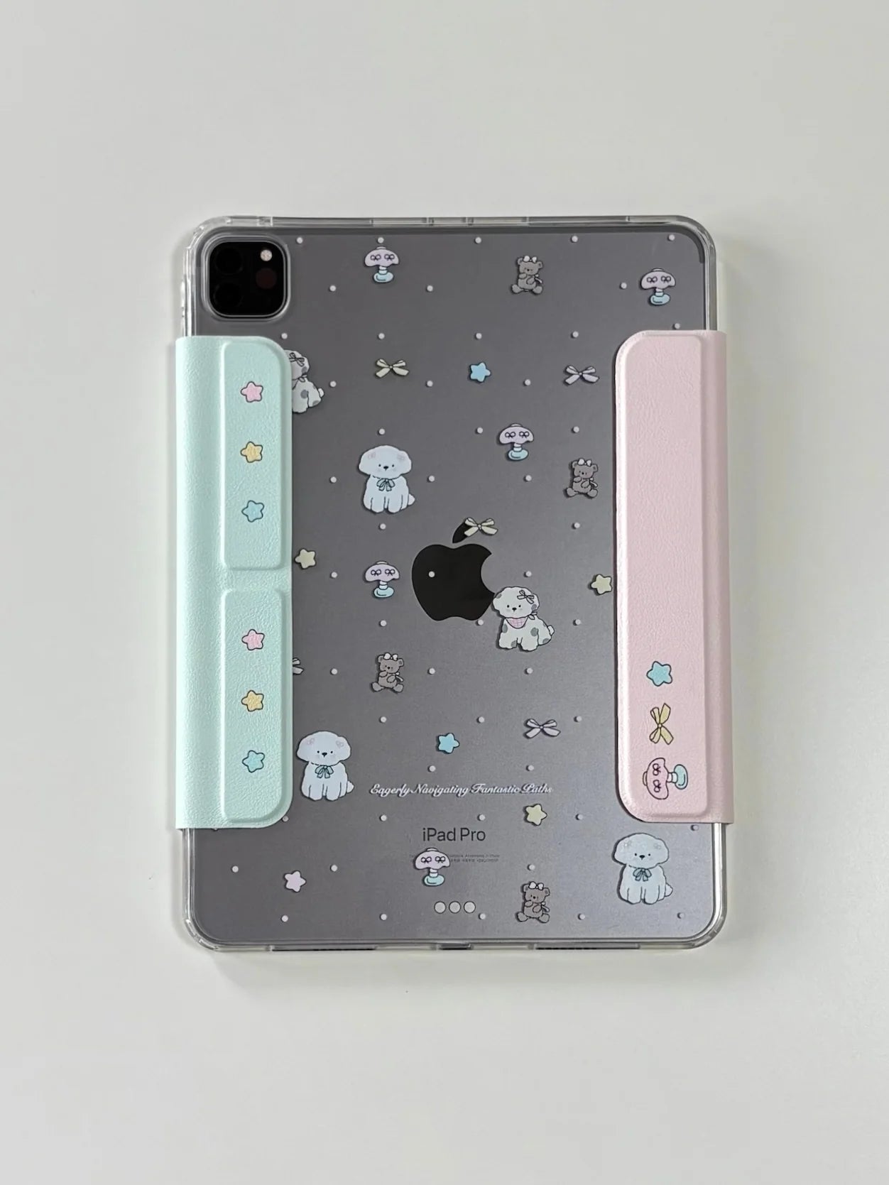 Cute Cartoon iPad Case with Magnetic Stand & Transparent Back – Pearl Bunny & Star Pattern Foldable Case for iPad