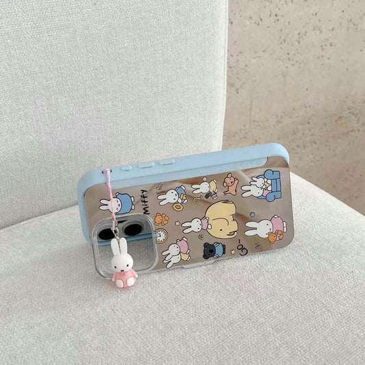 Cartoon iPhone Case – Cute Blue Edge Shockproof Cover with Bunny Print & Hanging Charm
