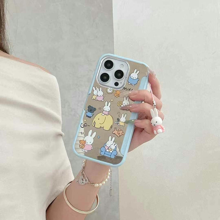 Cartoon iPhone Case – Cute Blue Edge Shockproof Cover with Bunny Print & Hanging Charm