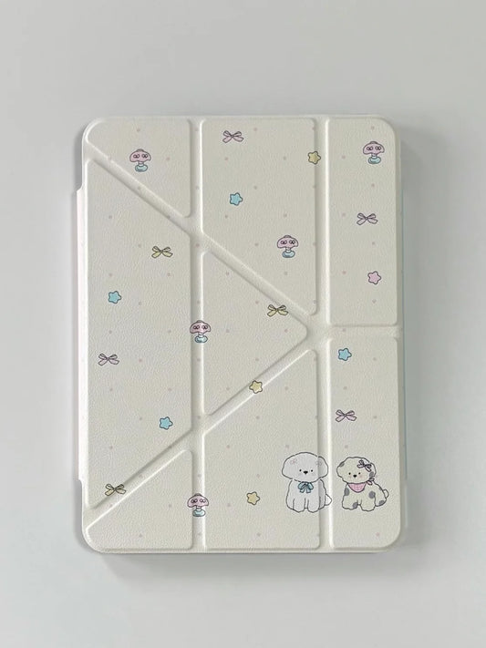 Cute Cartoon iPad Case with Magnetic Stand & Transparent Back – Pearl Bunny & Star Pattern Foldable Case for iPad
