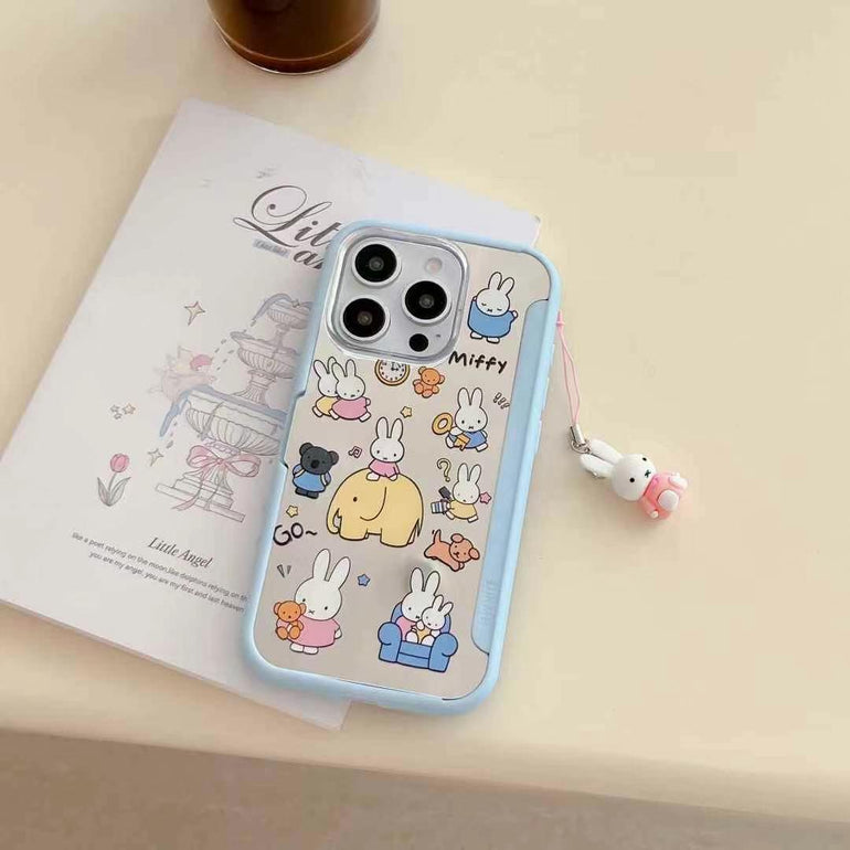 Cartoon iPhone Case – Cute Blue Edge Shockproof Cover with Bunny Print & Hanging Charm