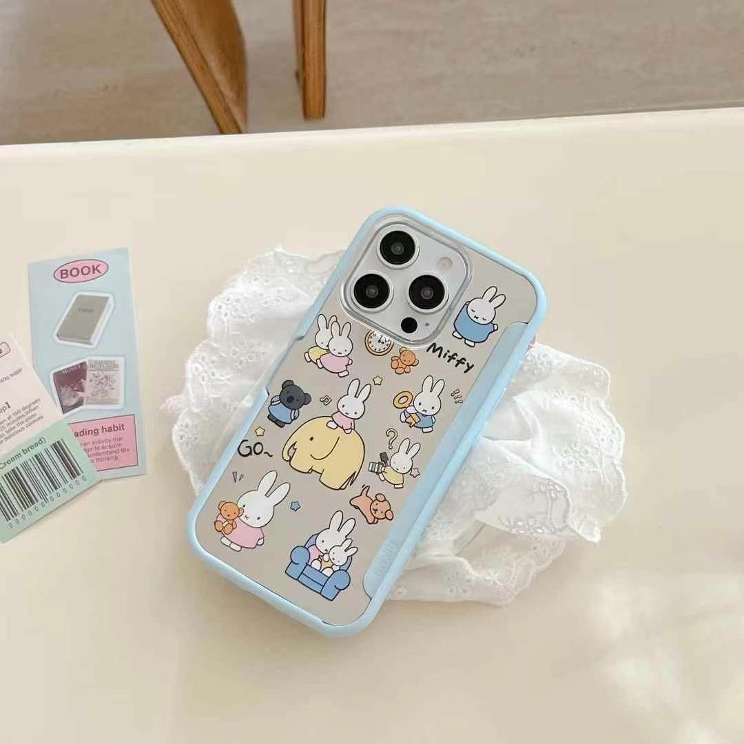 Cartoon iPhone Case – Cute Blue Edge Shockproof Cover with Bunny Print & Hanging Charm