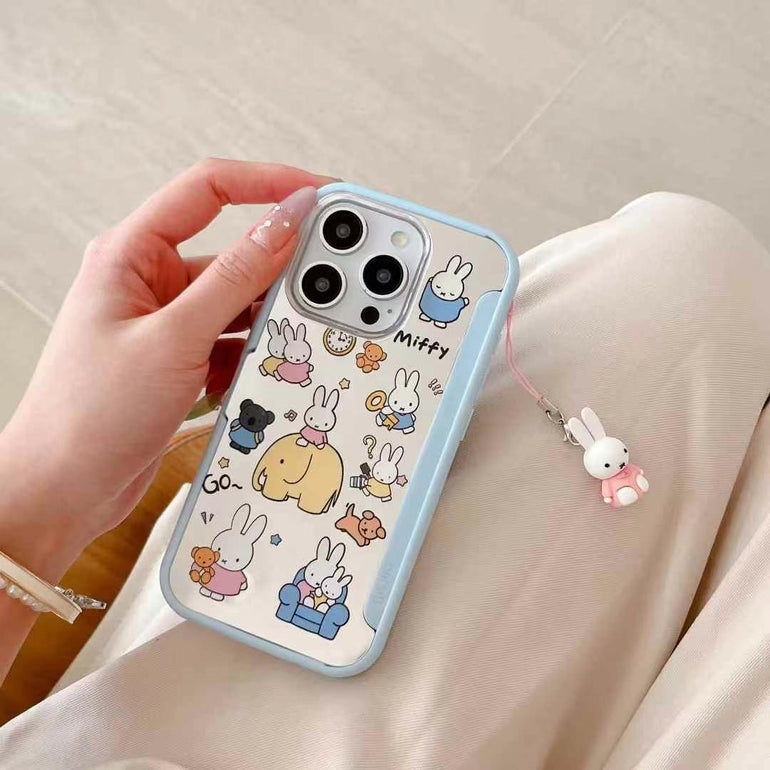 Cartoon iPhone Case – Cute Blue Edge Shockproof Cover with Bunny Print & Hanging Charm