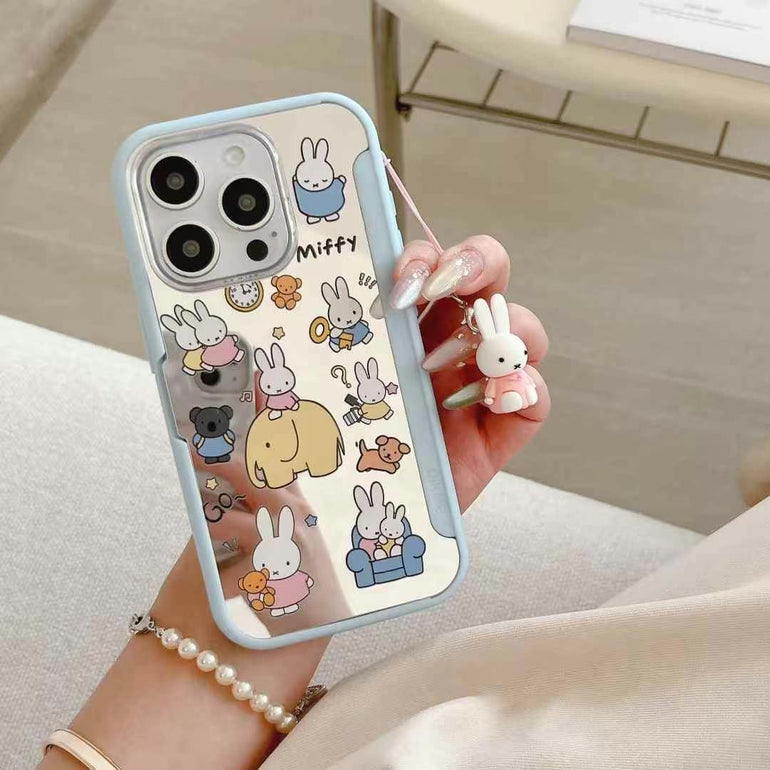 Cartoon iPhone Case – Cute Blue Edge Shockproof Cover with Bunny Print & Hanging Charm