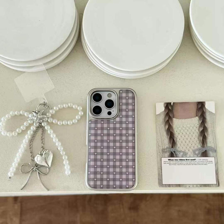 Purple Gingham Heart iPhone Case – Aesthetic Checkered Back Cover with Pearl Bow Charm