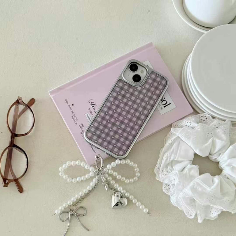 Purple Gingham Heart iPhone Case – Aesthetic Checkered Back Cover with Pearl Bow Charm