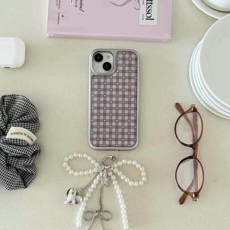 Purple Gingham Heart iPhone Case – Aesthetic Checkered Back Cover with Pearl Bow Charm