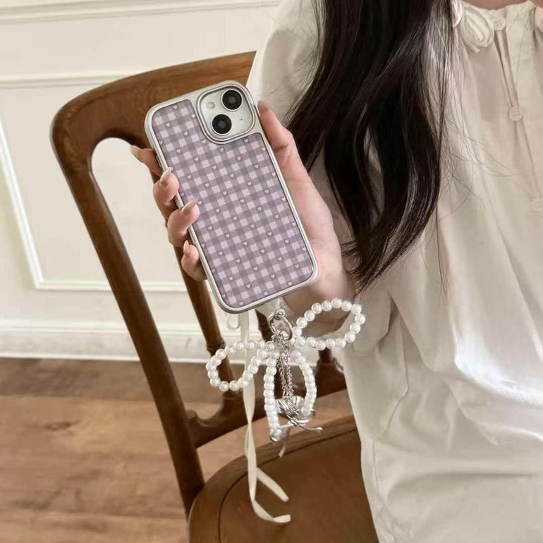 Purple Gingham Heart iPhone Case – Aesthetic Checkered Back Cover with Pearl Bow Charm