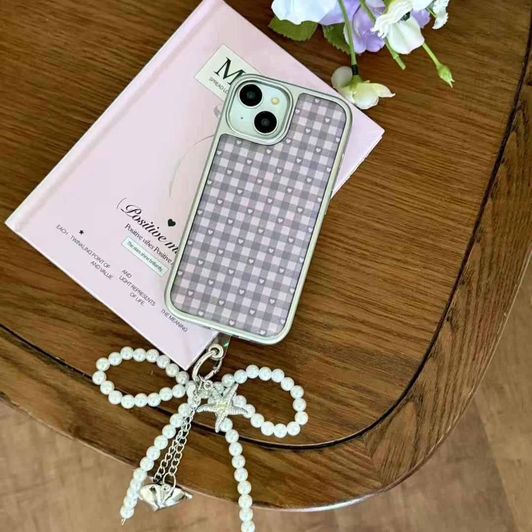 Purple Gingham Heart iPhone Case – Aesthetic Checkered Back Cover with Pearl Bow Charm