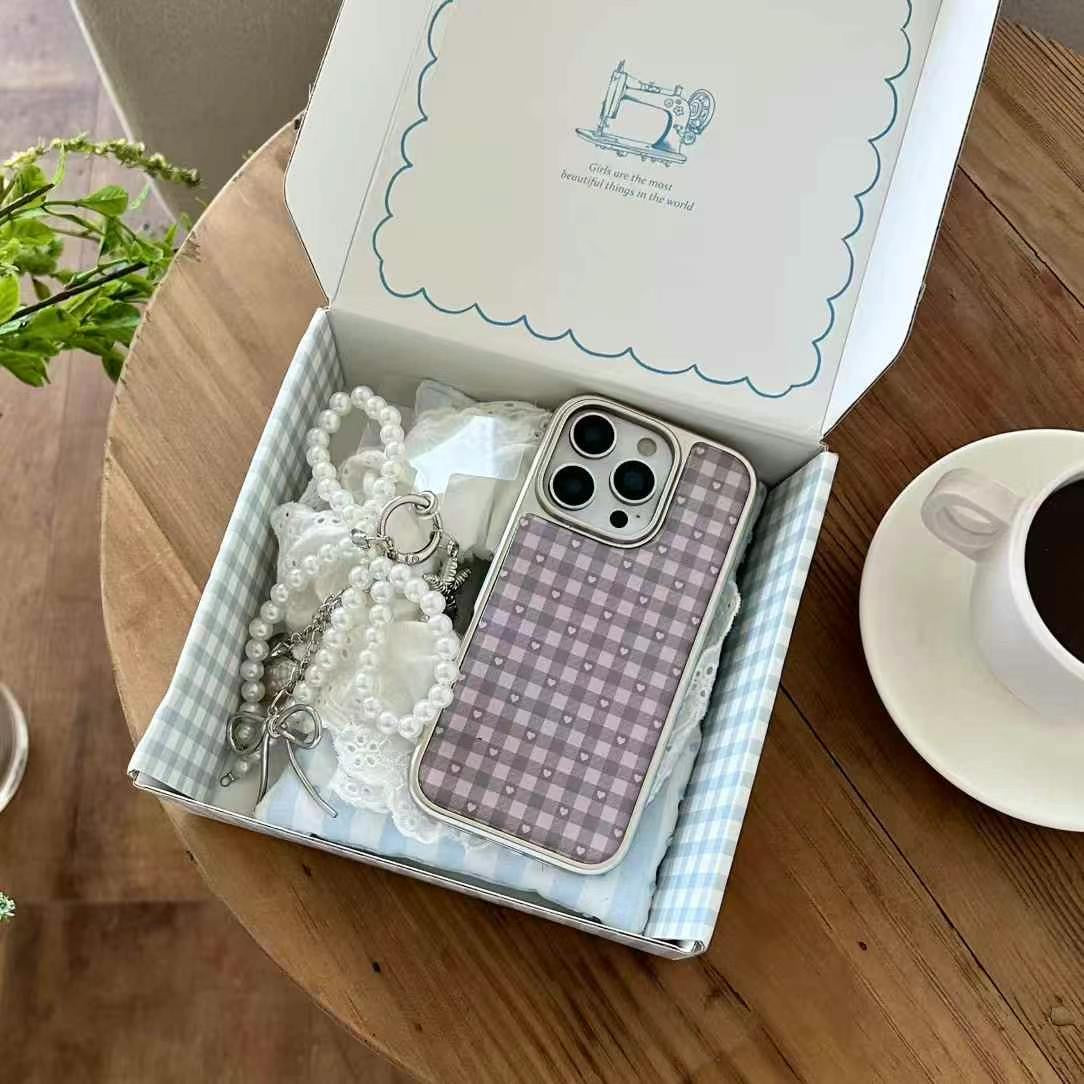 Purple Gingham Heart iPhone Case – Aesthetic Checkered Back Cover with Pearl Bow Charm