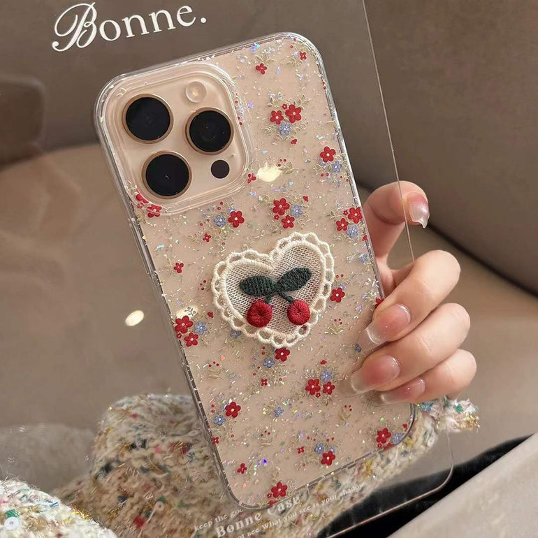 Glitter Flower With Cherry Silicon iPhone Case