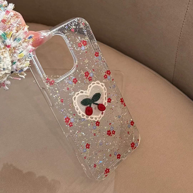 Glitter Flower With Cherry Silicon iPhone Case
