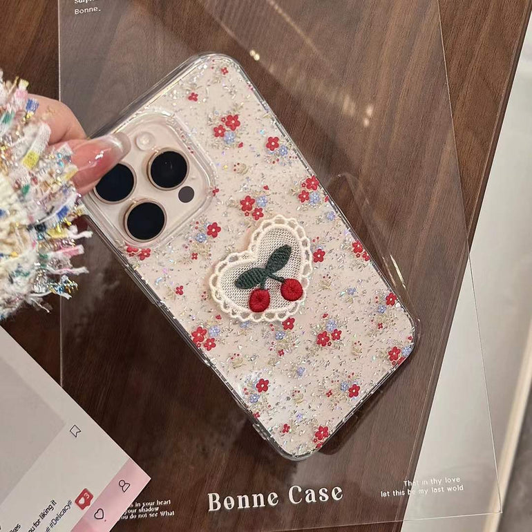Glitter Flower With Cherry Silicon iPhone Case