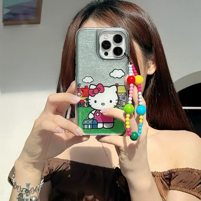 Kitty Glitter iPhone Case with Colorful Bead Strap – Cute Cartoon Protective Case for iPhone