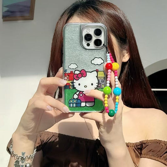 Kitty Glitter iPhone Case with Colorful Bead Strap – Cute Cartoon Protective Case for iPhone