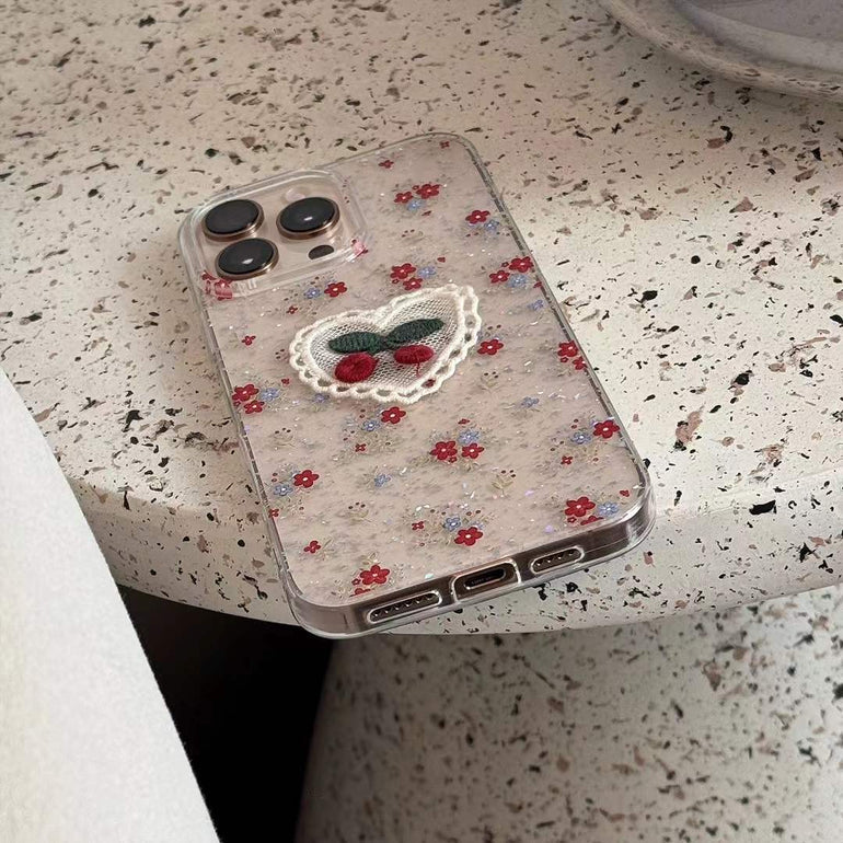 Glitter Flower With Cherry Silicon iPhone Case