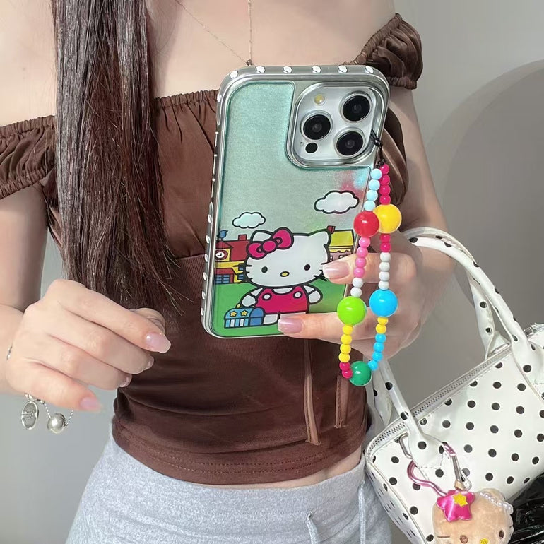 Kitty Glitter iPhone Case with Colorful Bead Strap – Cute Cartoon Protective Case for iPhone