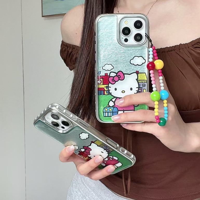 Kitty Glitter iPhone Case with Colorful Bead Strap – Cute Cartoon Protective Case for iPhone