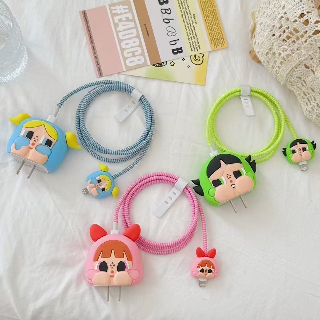 3D Cute Power Girls Charging Case For iPhone With Cable Protection
