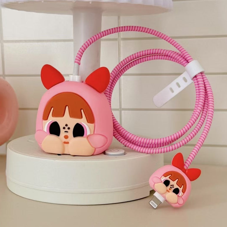 3D Cute Power Girls Charging Case For iPhone With Cable Protection