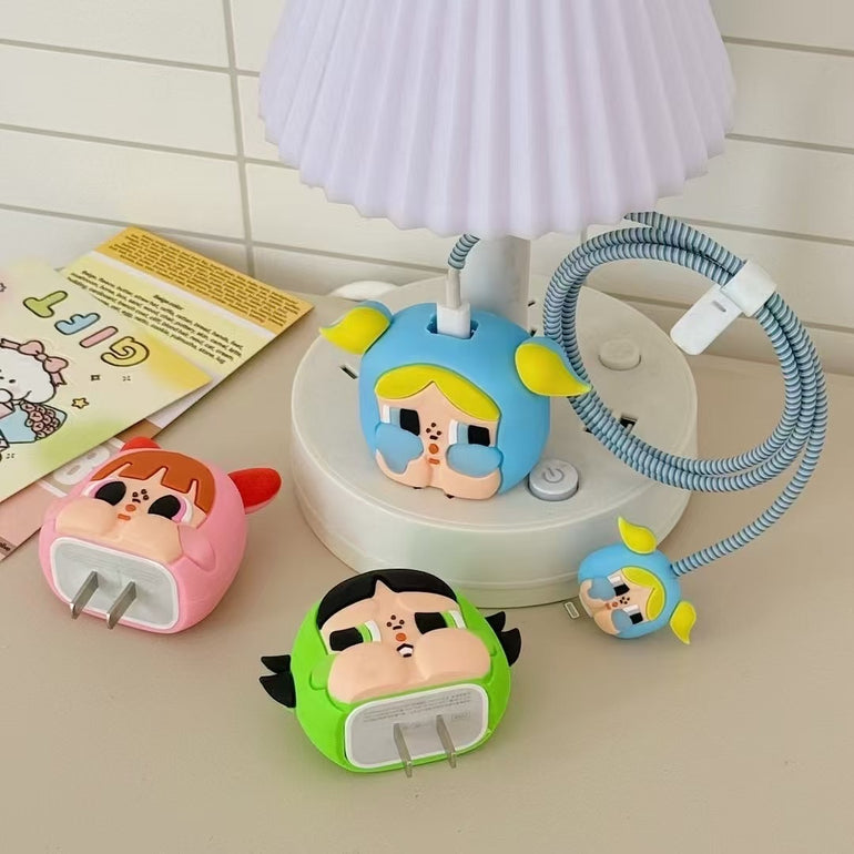 3D Cute Power Girls Charging Case For iPhone With Cable Protection