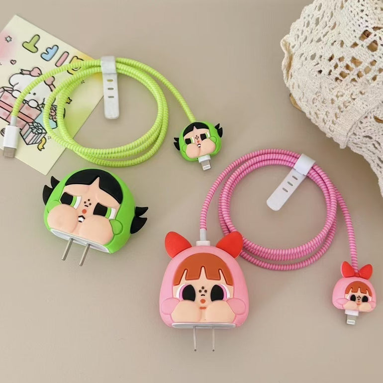 3D Cute Power Girls Charging Case For iPhone With Cable Protection