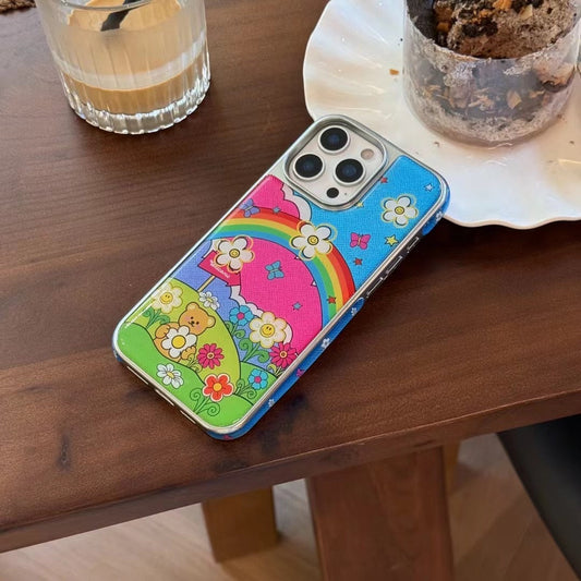 Rainbow Garden iPhone Case – Colorful Bear & Floral Print Back Cover