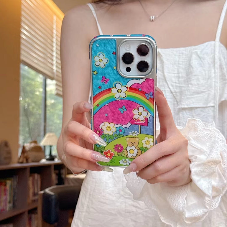 Rainbow Garden iPhone Case – Colorful Bear & Floral Print Back Cover
