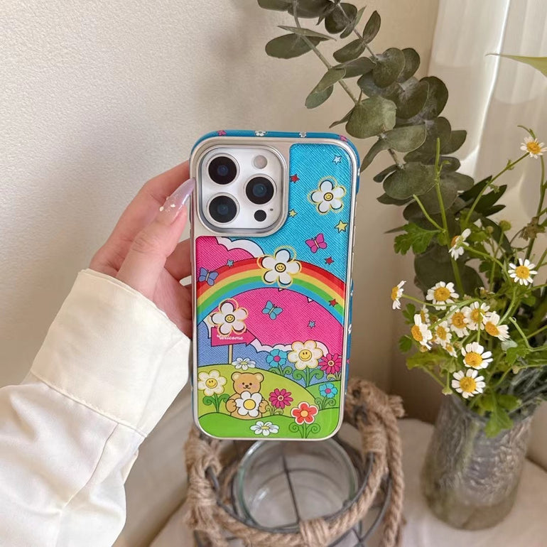 Rainbow Garden iPhone Case – Colorful Bear & Floral Print Back Cover