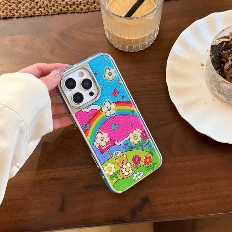 Rainbow Garden iPhone Case – Colorful Bear & Floral Print Back Cover