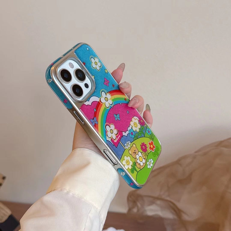 Rainbow Garden iPhone Case – Colorful Bear & Floral Print Back Cover