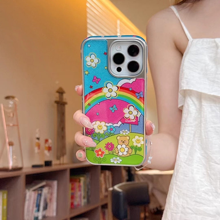 Rainbow Garden iPhone Case – Colorful Bear & Floral Print Back Cover