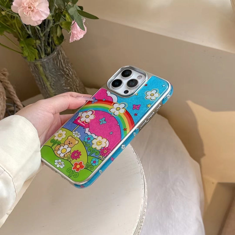 Rainbow Garden iPhone Case – Colorful Bear & Floral Print Back Cover