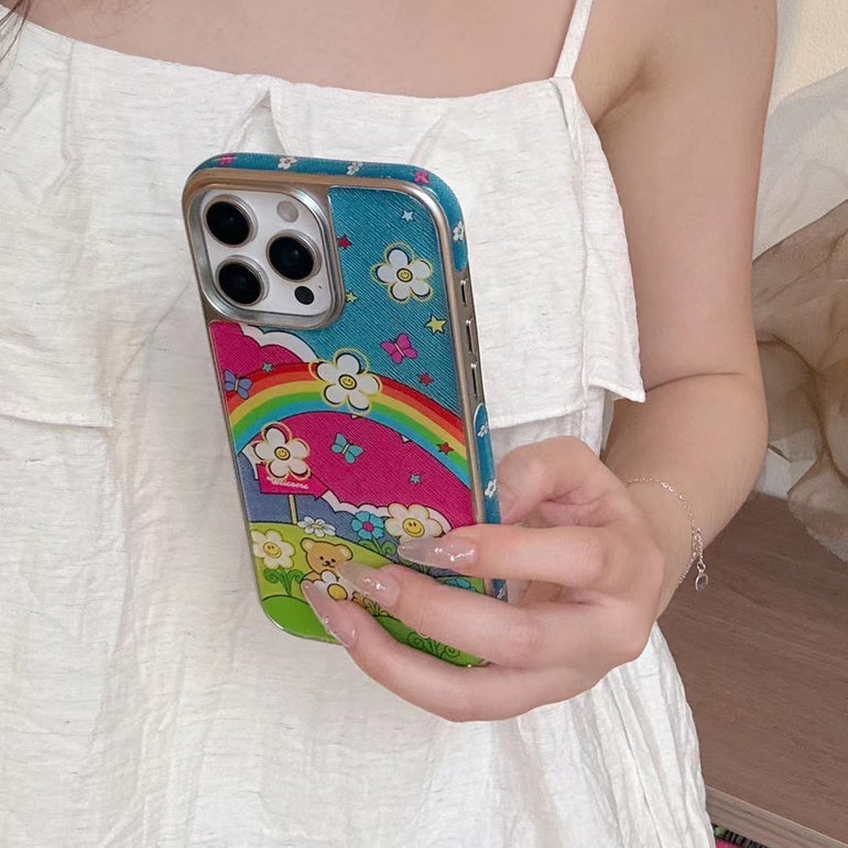 Rainbow Garden iPhone Case – Colorful Bear & Floral Print Back Cover