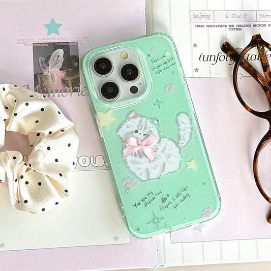 Mint Green Cute Cat iPhone Case – Soft Silicone Protective Cover with 3D Bow & Stars for iPhone