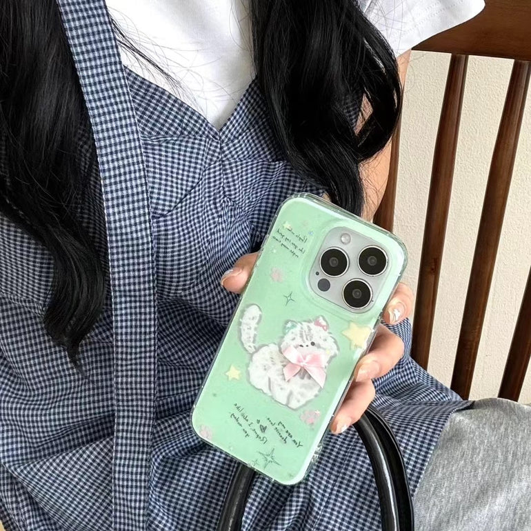 Mint Green Cute Cat iPhone Case – Soft Silicone Protective Cover with 3D Bow & Stars for iPhone