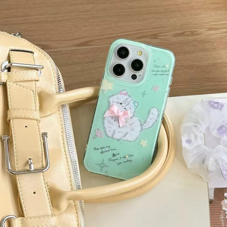 Mint Green Cute Cat iPhone Case – Soft Silicone Protective Cover with 3D Bow & Stars for iPhone