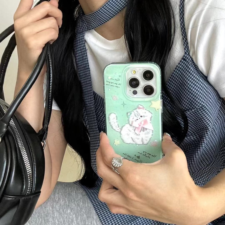 Mint Green Cute Cat iPhone Case – Soft Silicone Protective Cover with 3D Bow & Stars for iPhone
