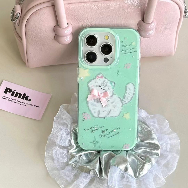 Mint Green Cute Cat iPhone Case – Soft Silicone Protective Cover with 3D Bow & Stars for iPhone