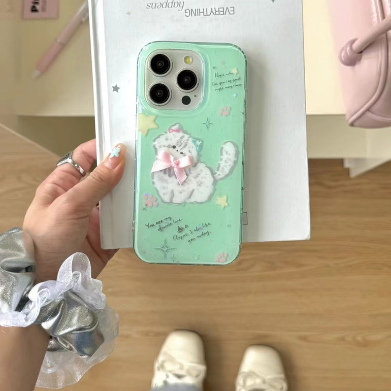 Mint Green Cute Cat iPhone Case – Soft Silicone Protective Cover with 3D Bow & Stars for iPhone