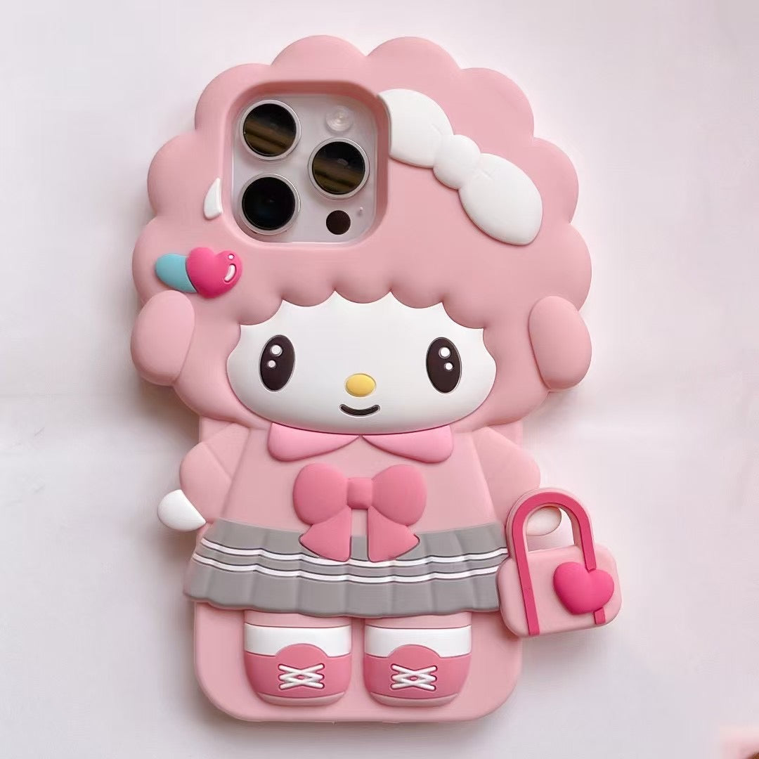 3D Pink Girl Character iPhone Case – Soft Silicone Cute Doll Design with Bow & Heart Bag