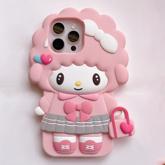 3D Pink Girl Character iPhone Case – Soft Silicone Cute Doll Design with Bow & Heart Bag