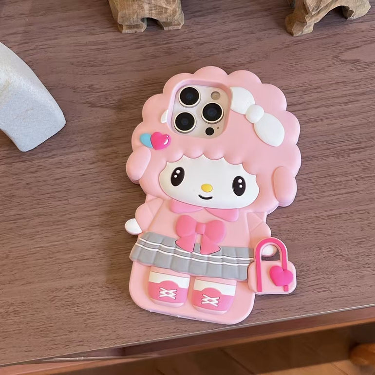 3D Pink Girl Character iPhone Case – Soft Silicone Cute Doll Design with Bow & Heart Bag