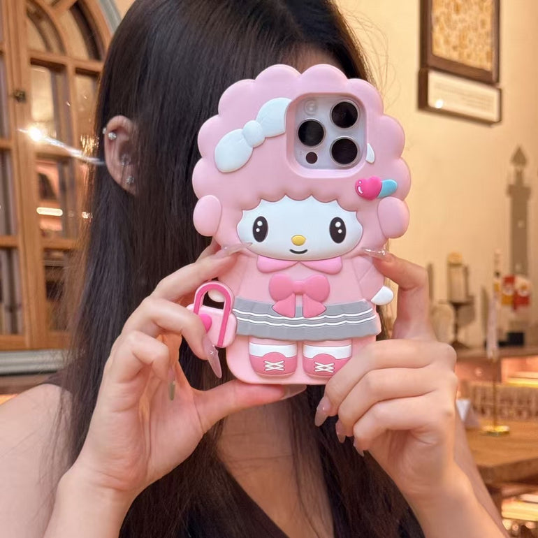 3D Pink Girl Character iPhone Case – Soft Silicone Cute Doll Design with Bow & Heart Bag