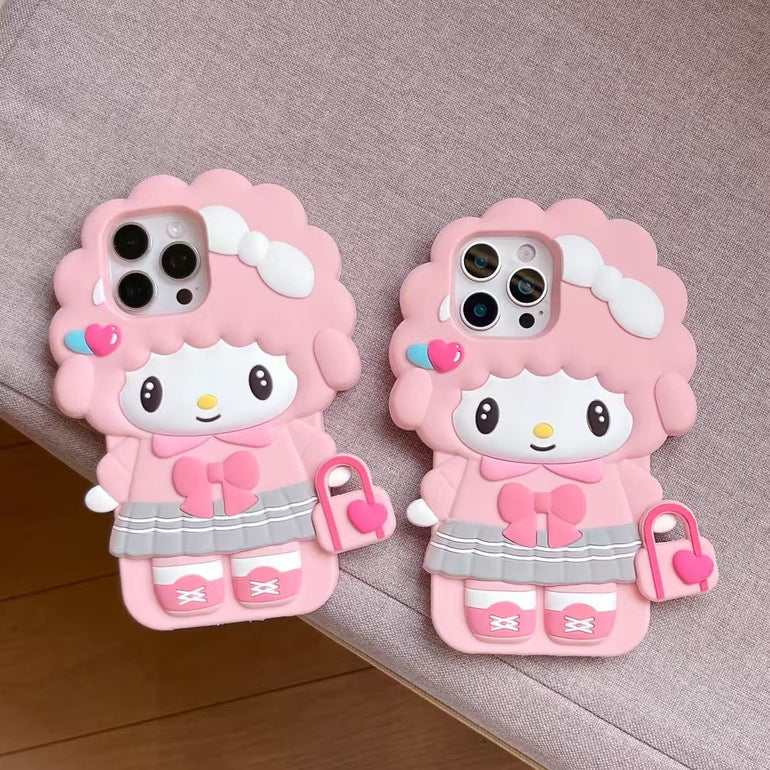 3D Pink Girl Character iPhone Case – Soft Silicone Cute Doll Design with Bow & Heart Bag