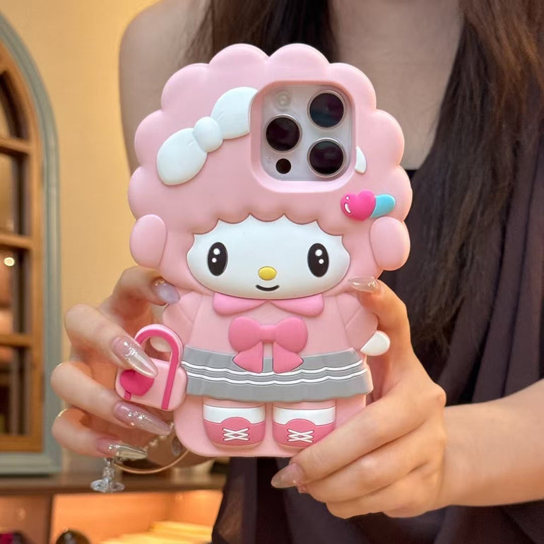 3D Pink Girl Character iPhone Case – Soft Silicone Cute Doll Design with Bow & Heart Bag