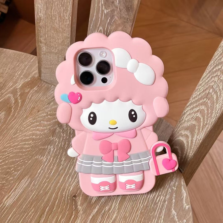 3D Pink Girl Character iPhone Case – Soft Silicone Cute Doll Design with Bow & Heart Bag